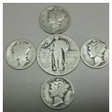 1 Walking Liberty Quarter & 4 Mercury Dimes