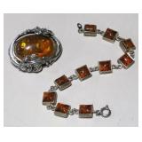 Amber Foliate Brooch & 10pc Square Inlay Bracelet