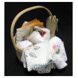 Basket With Cross Stitch & Embroidered Linens