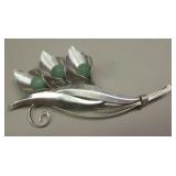 Vtg Sterling Silver & Jade Large Brooch - TruArt