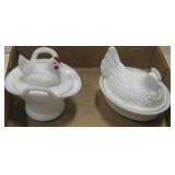 2 Vtg Milk Glass Chickens Lidded Bowls