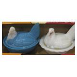 2 Vtg Milk Glass Chickens Lidded Bowls
