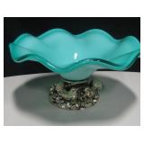 Vtg Blue Glass Bowl w/ Metal Base - Bird Decorated