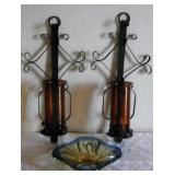 2 Mid-Century Tapered Candle Holders & Glass Dish