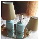 2 Blue Painted Glass Boudoir Lamps - Works