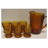 Vtg Amber Pitcher & 6 Footed Glasses