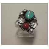 Sterling Silver Turquoise & Coral SW Ring
