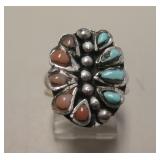 Sterling Silver Turquoise & Coral SW Ring