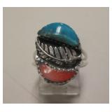 Sterling Silver Turquoise & Coral SW Ring