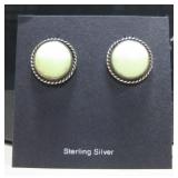 Pair Milky Green Cabochon Sterling Silver Earrings