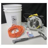Pail Of Tools - Circular Saw, Cord, Hammer, etc