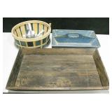 2 Wood Trays/Wood Basket Largest Tray 21" X 13.2"