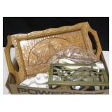 Milk Glass Boat, Wood Tray, Kitchen Decor