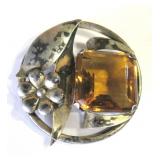 925 Marked Silver & Yellow Stone Pin / Brooch