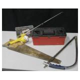 Lot of Hand Saws, Fishing Pole & Tool Box