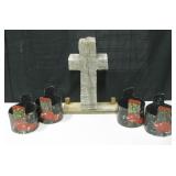 18" Wood Cross & 4 Hand Painted 5" Tall Planters