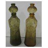 2 Empoli Smirking Lady Amber Glass Decanters