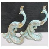 2 Vintage Porcelain Teal & Gilt Mantle Peacocks
