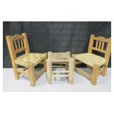 Vintage Childrens Wood & Wicker Stool & 2 Chairs
