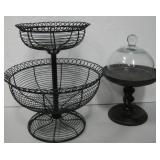 Two Tier Metal Fruit Basket & Wood Glass Cake Dome