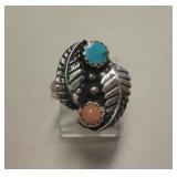 Sterling Silver, Turquoise & Coral Southwest Ring