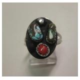 Sterling Silver, Spiderweb Turq. & Coral SW Ring