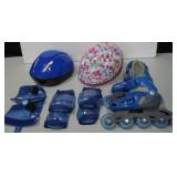 Blue Roller Blades & Elbow/Knee Pads & 2 Helmets