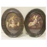 2 Vintage Oval Metal Frames w/ Prints 6.5" x 8.5"