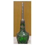 8.5" Tall Filigree Metal Over Green Glass Bottle