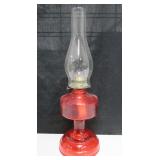 Red Oil Lamp w/ Clear Glass Chimney - 20" Tall
