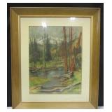 24" x 28" Framed Mixed Media Mountain Scene