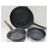 2 Cast Iron & 1 Steel Skillets - Largest Is 9.5"