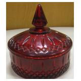 Vtg Applied Red Over Amber Glass Lidded Candy Dish
