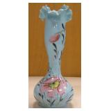 Vtg 10" Hand Painted Blue Glass Vase