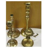 3 Brass Candlestick Holders & 1 Brass Oil Lamp