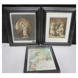2 Framed Antique Photos & 1921 Baptism Certificate