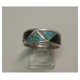 Vtg NA Sterling Silver Jet & Turquoise Ring