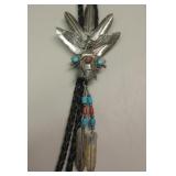 Vtg NA Sterling Silver Coral & Turquoise Bolo Tie