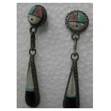 Vtg Zuni NA Sterling Silver Coral & Shell Earrings