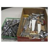 Box & Basket Of Kitchen Utensils & Flatware