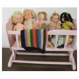 Wood Doll Crib w/ Assorted Dolls 26" x 14" x 19"