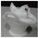 Westmoreland Milk Glass Hen Nesting On Basket