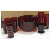 Assorted Ruby Red Glassware & Bowl