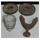 Lot of Cast Iron Calf Weaner, Lids, Saddle Tree