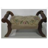 Vintage Wood Stool w/ Floral Cross-Stitch Cover