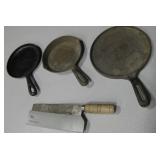 Knife, 6.5" Cast Iron Skillet & 2 Griddles
