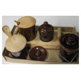 Set Of Serving Crocks & A Wood Tray