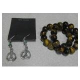2 Tiger Eye Bead Bracelets & SW Sterling Earrings
