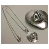 Vtg Sterling Silver Cowboy Hats Necklace & Brooch
