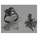 Sterling Marked Ring & Pendant - Red/Purple Stones